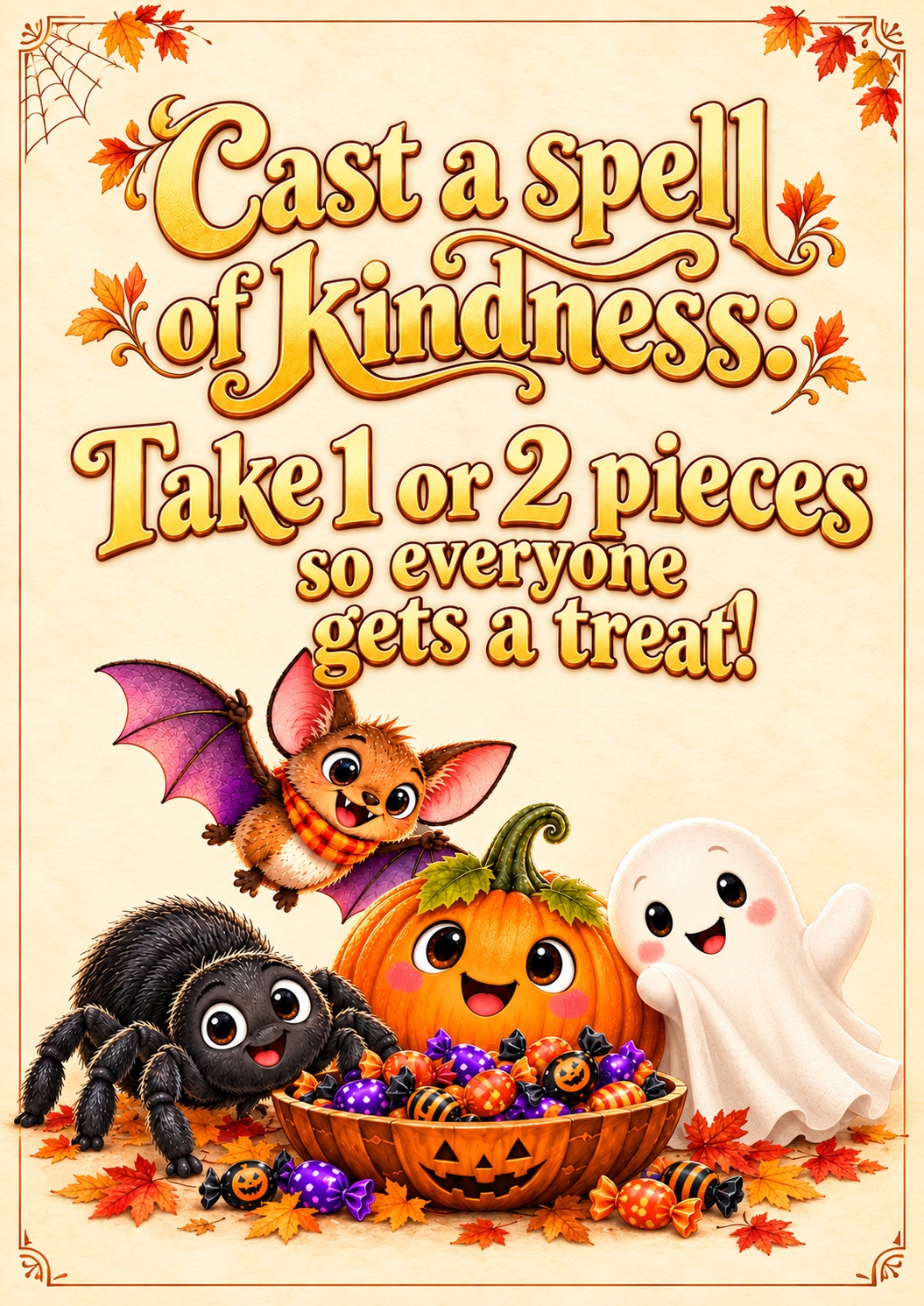 Exact unframed sign: Cast a spell of kindness: Take 1 or 2 pieces so everyone gets a treat! No branding is printed on the sign.