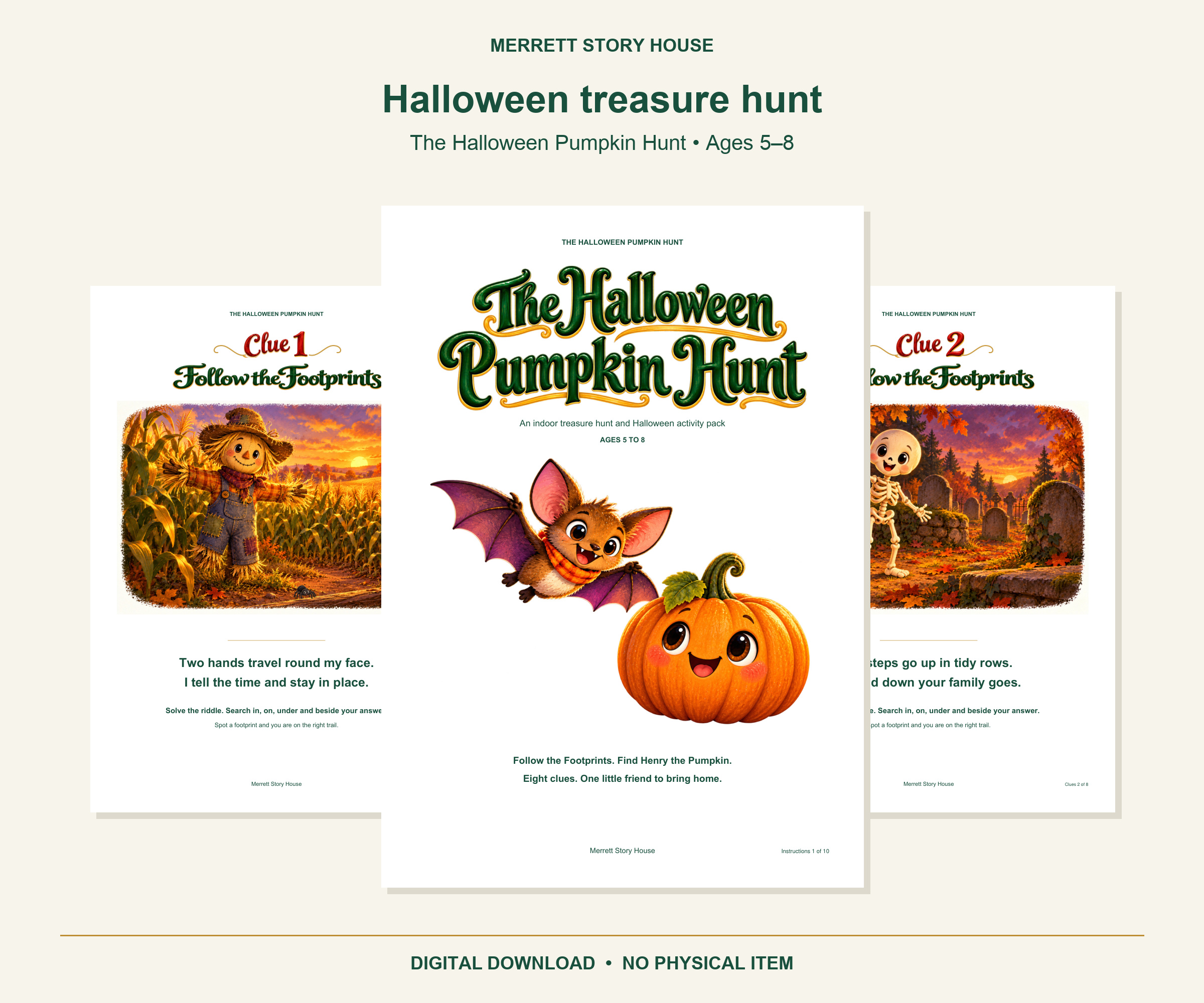 The Halloween Pumpkin Hunt printable pack, showing Henry the Pumpkin, a friendly bat and illustrated clue pages.
