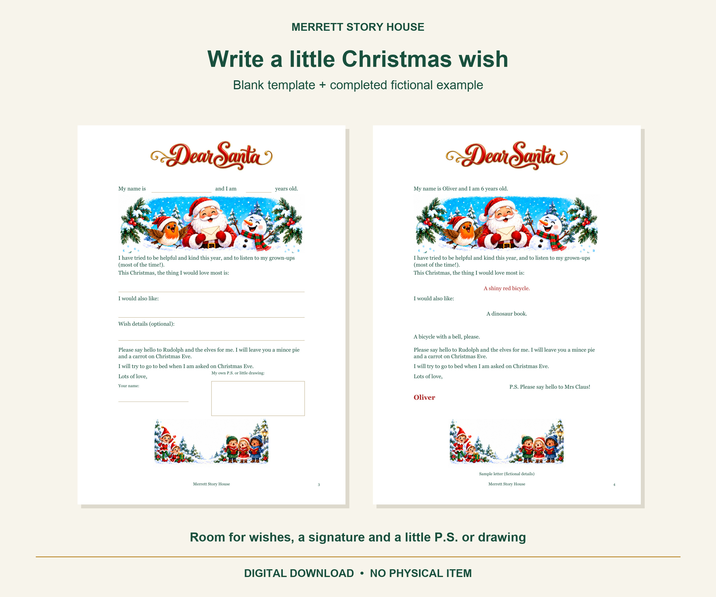 The blank Dear Santa template beside a completed letter using fictional details.