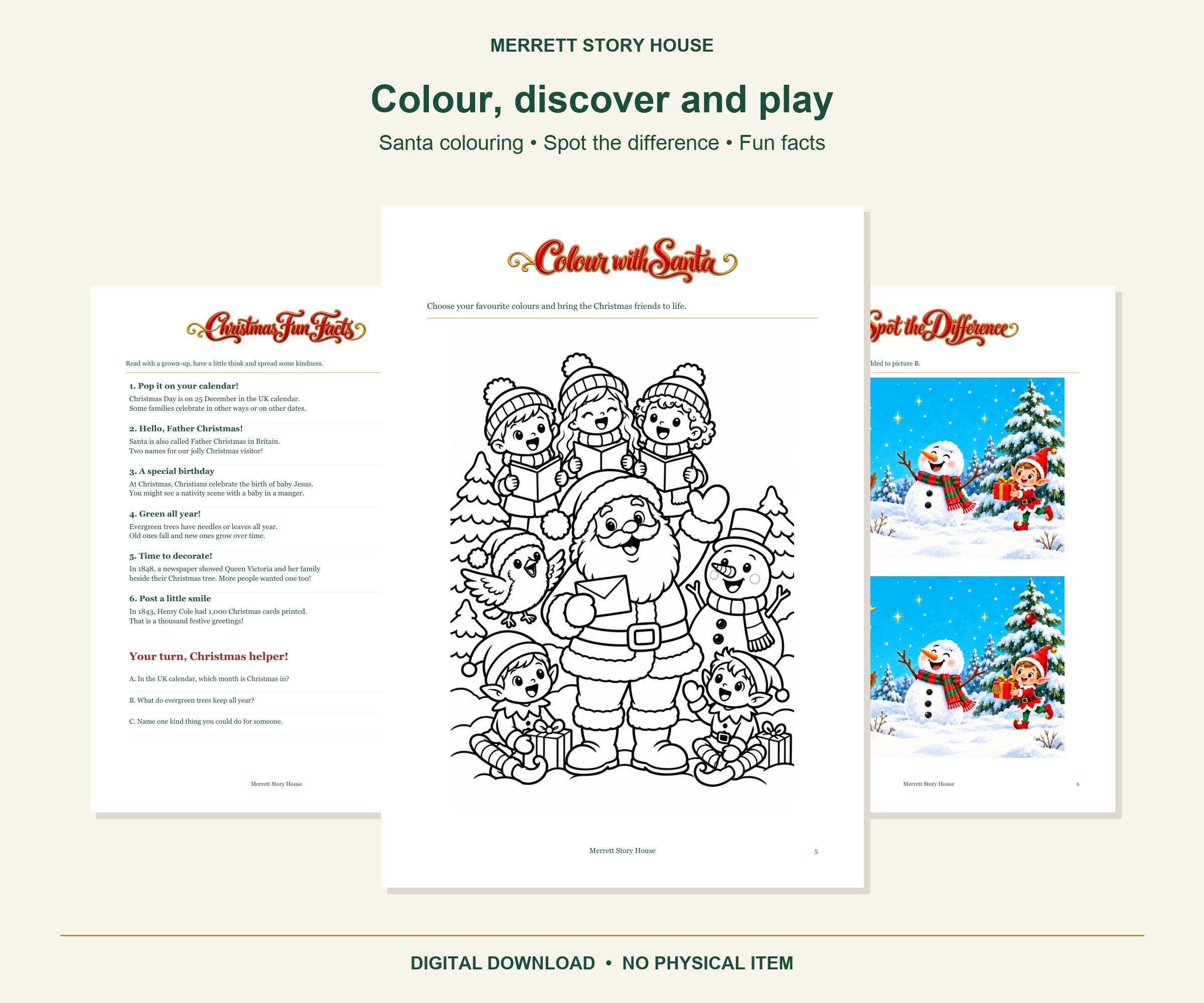Santa colouring, spot-the-difference puzzle and Christmas fun facts page previews.