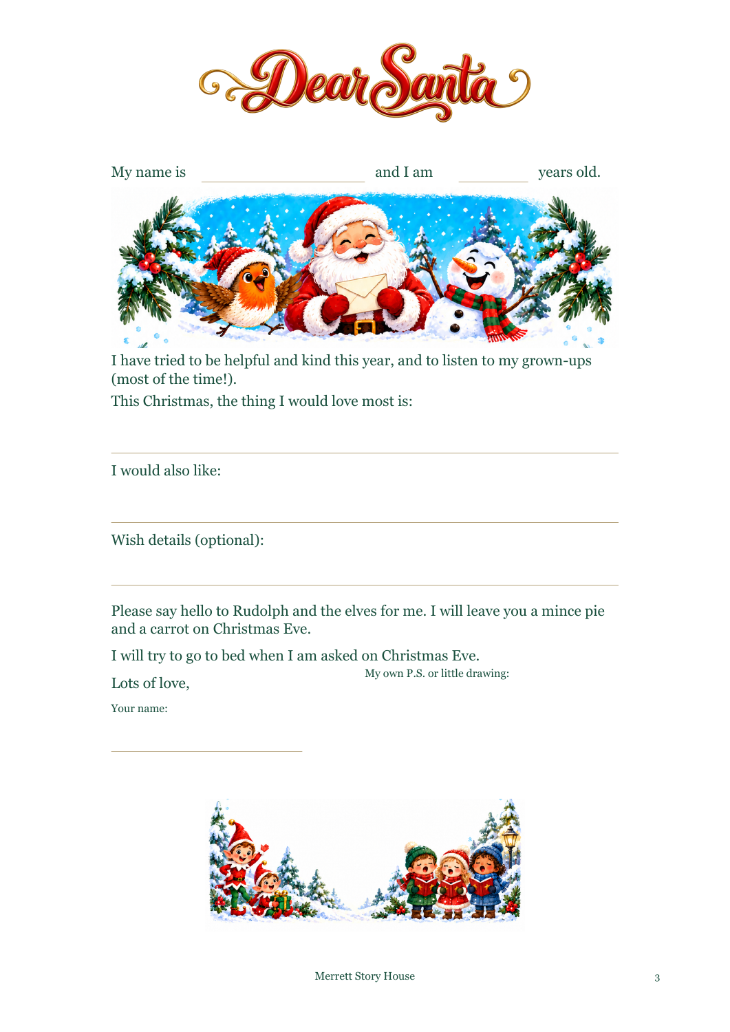 The current blank Dear Santa letter with space for wishes and a P.S. or drawing, without a printed box.